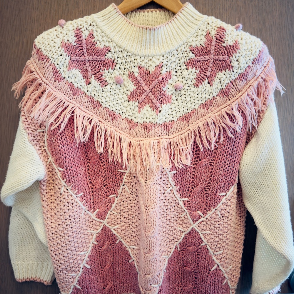 Vintage Huntington Ridge Hand Knit Sweater 80s Ramie Fringe Fair Isle Pink